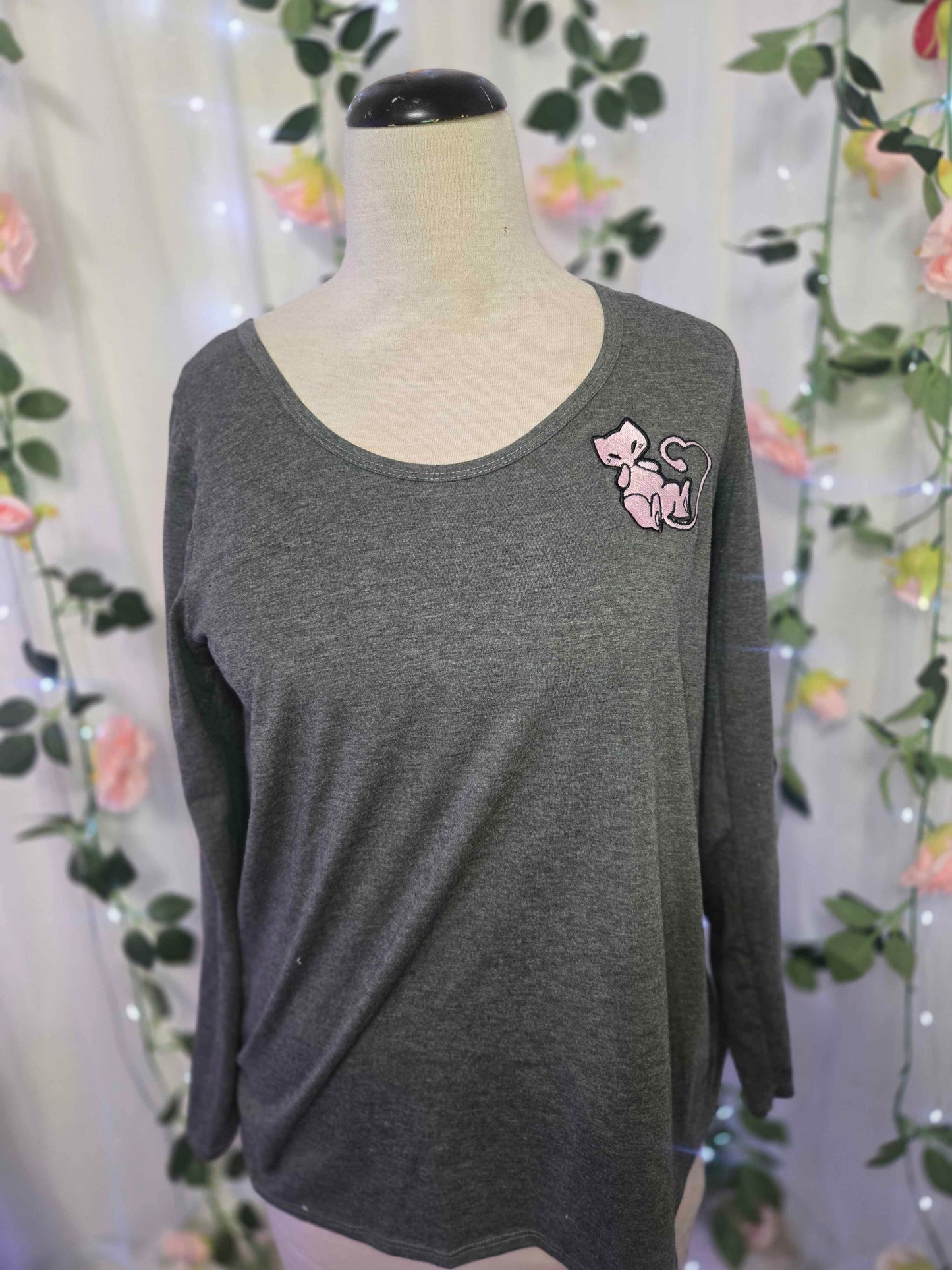 Gray Embroidered Pink Cat long sleeve shirt