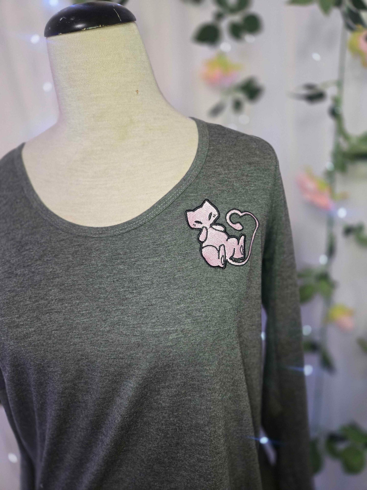 Gray Embroidered Pink Cat long sleeve shirt