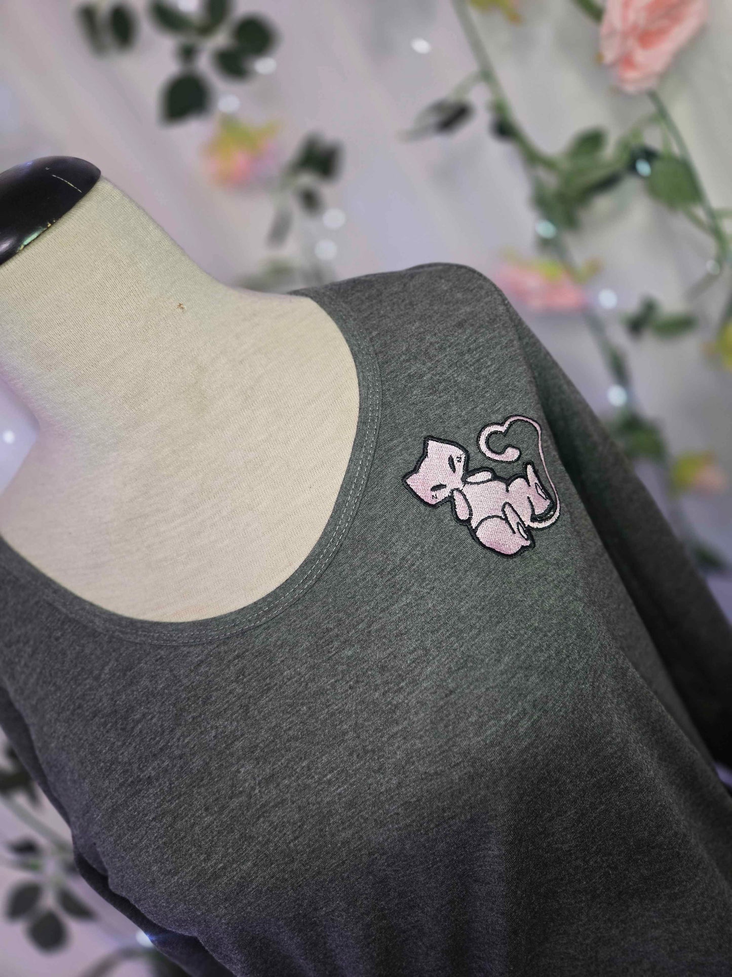 Gray Embroidered Pink Cat long sleeve shirt