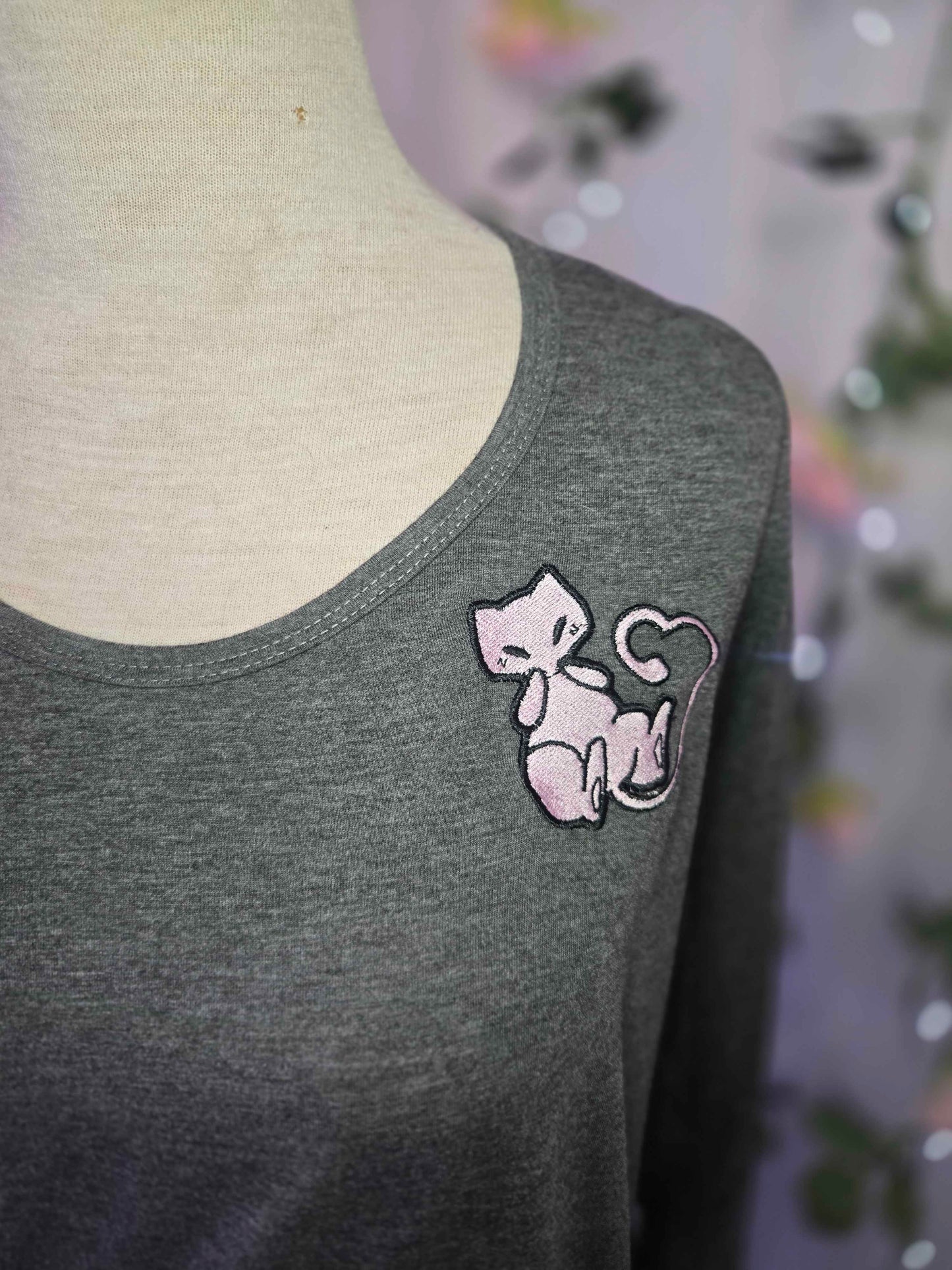 Gray Embroidered Pink Cat long sleeve shirt